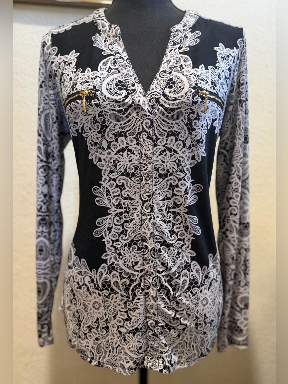 INC International Concepts Black and White Lace-Print Long Sleeve Top